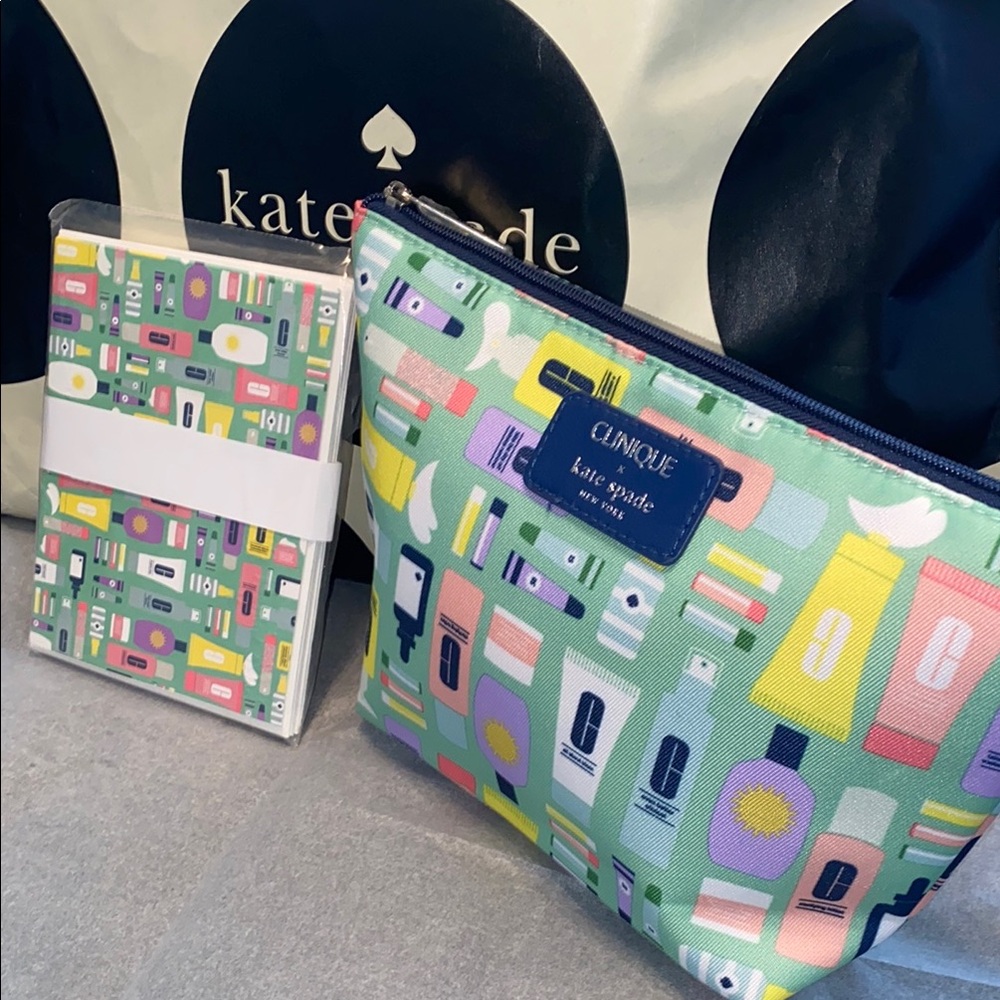 kate spade cosmetic pouch in mint green with pastel colors print W/Cards New - Picture 2 of 6